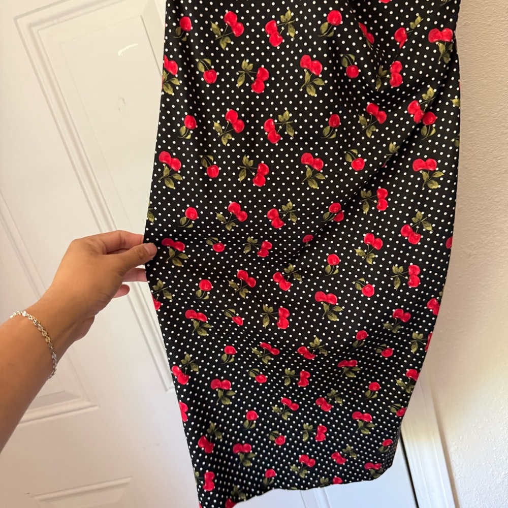 STOP STARING! black white red cherry polka dot fruit mod pinup sheath midi dress - Picture 4 of 7
